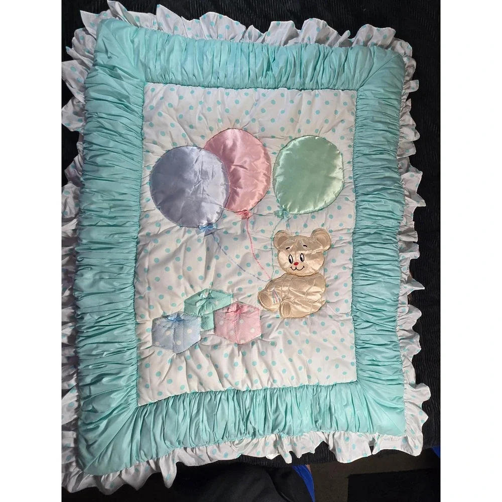 Vintage Kids Line Teddy Bear Balloons Polka Dot Baby Quilt Ruffled Aqua 35x45